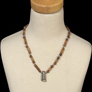 Wood beaded fashion necklace with medallion